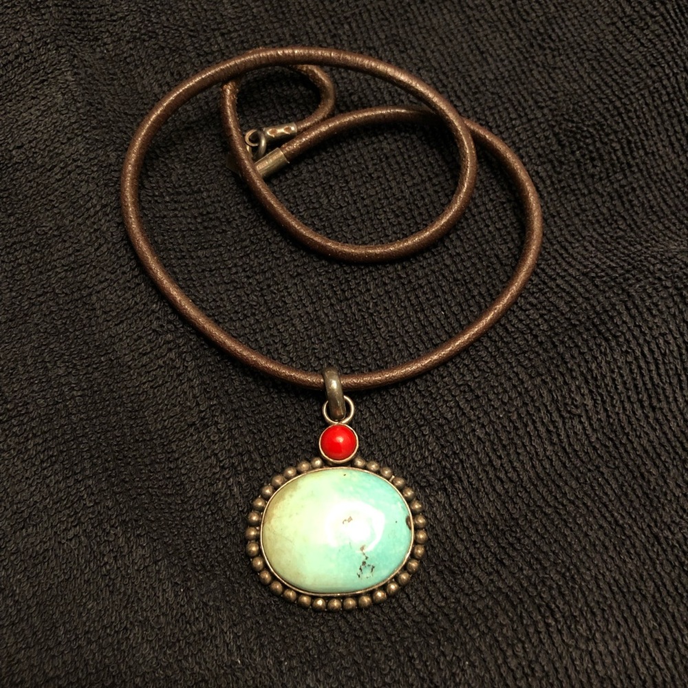 Large Sterling Silver Turquoise & Coral Pendant Necklace on Brown Leather Cord
